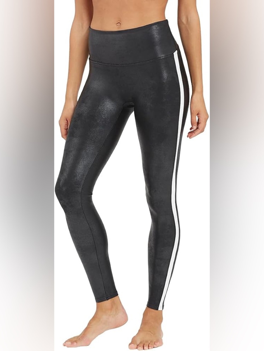 SPANX Black Faux-Leather Leggings with White Side Stripe